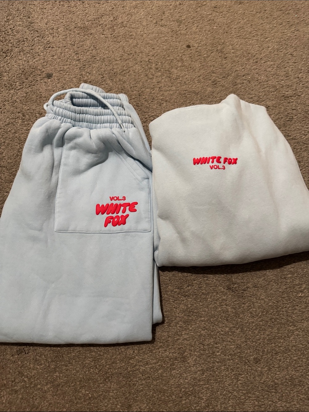 White Fox Boutique Light Blue Sweatpants & Sweatshirt Set with Red Logo